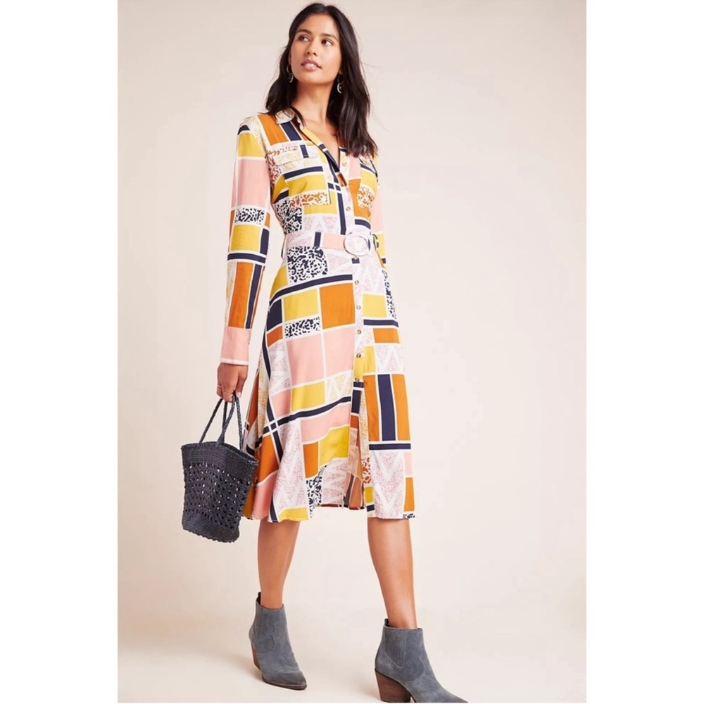ANTHROPOLOGIE‎ THE ODELLS Nouveau Shirt dress Patch mixed pattern Size Medium